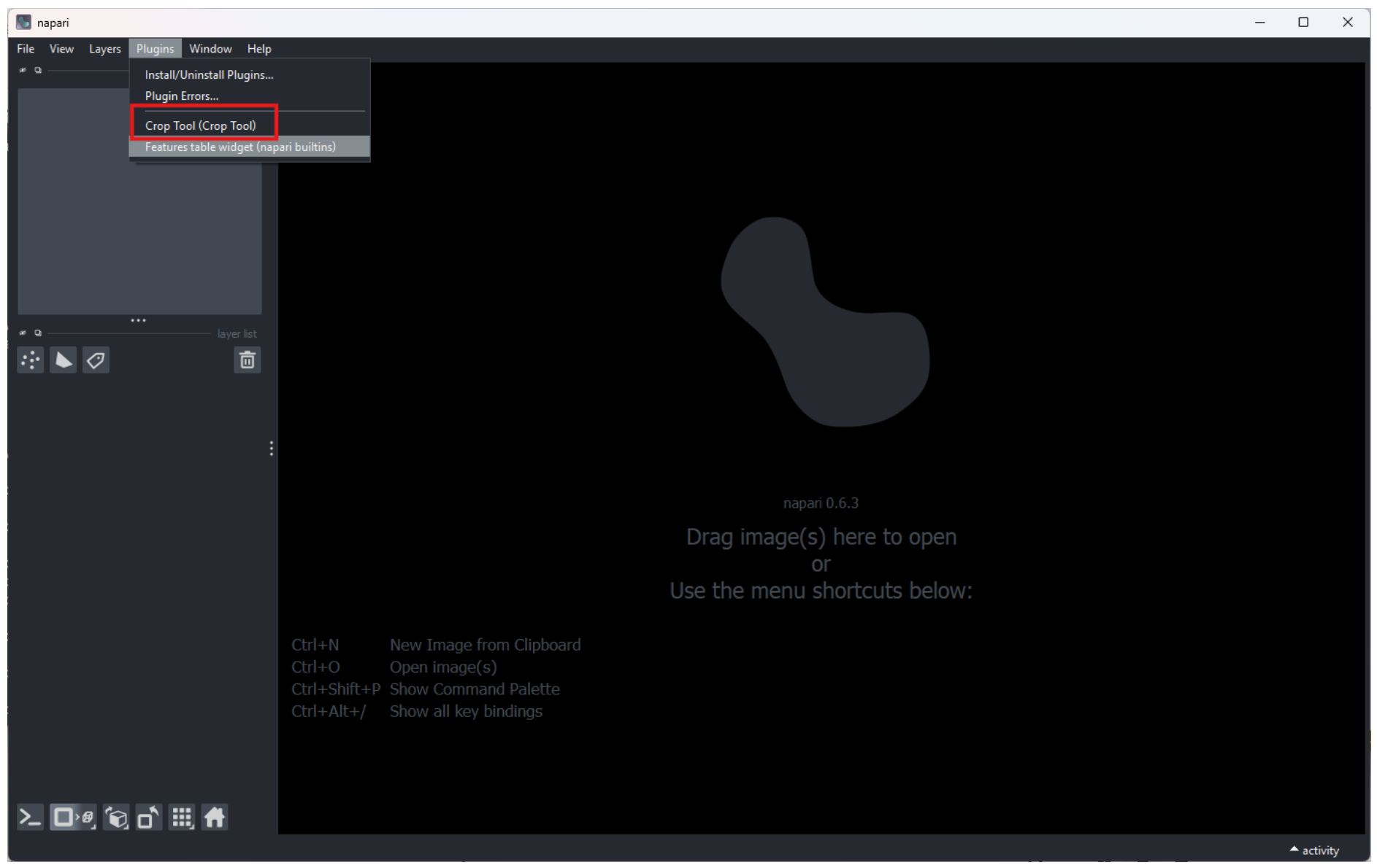 Napari crop tool plugin menu